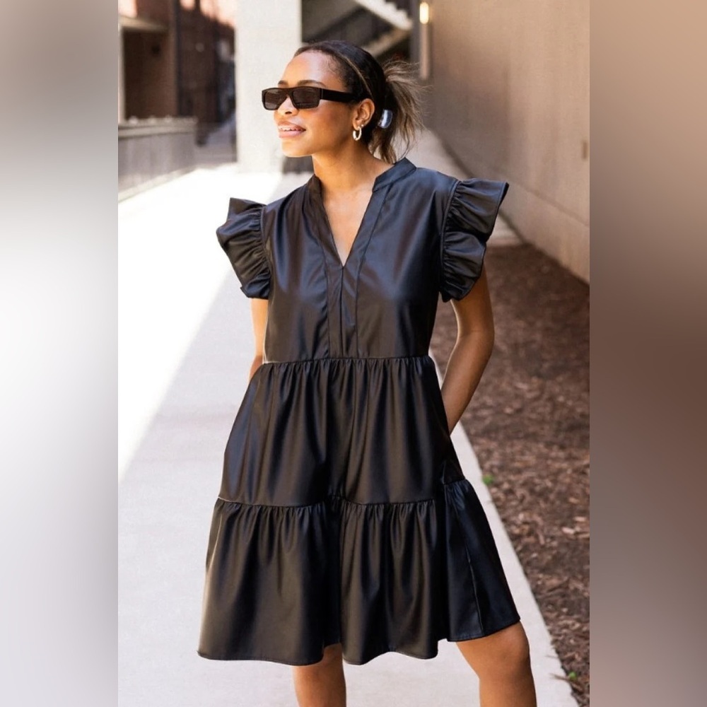 Entro Black Faux Leather Ruffle Dress